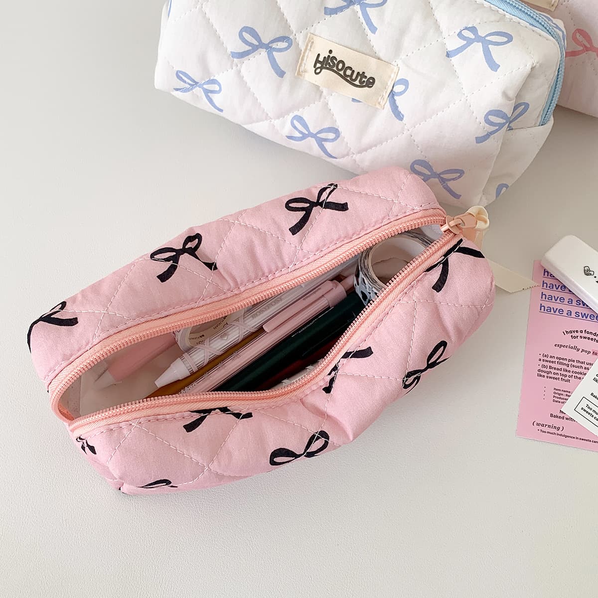 Hisocute High-Fashion Bow Pencil Case, Large-Capacity Student Stationery Bag, Portable Desk Storage Pouch