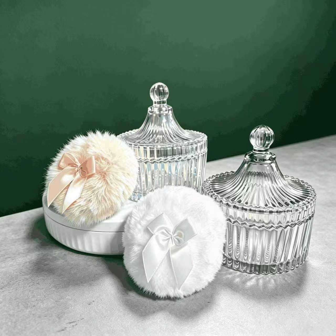 Bow-knot powder puff glass jar body powder puff loose powder puff makeup puff dry powder puff storage jar crystal glass storage