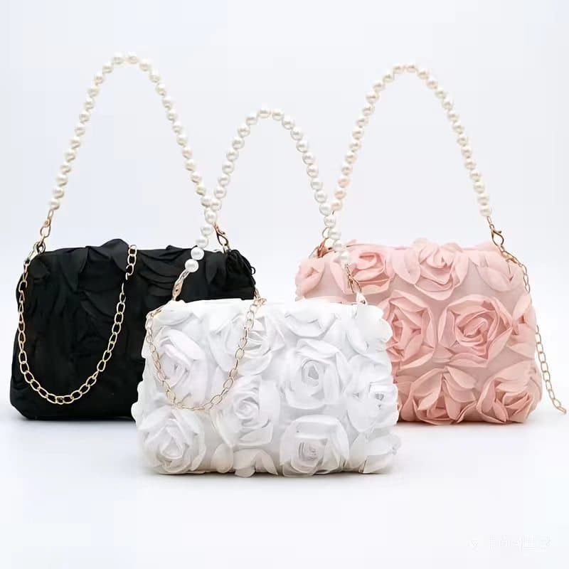 Three-dimensional rose flower bag pearl chain with rose petal design crossbody handbag TEMU cross-border dropshipping