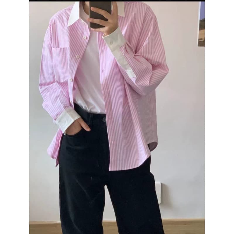 Korean hiphop pink striped long-sleeved shirt for women in spring and autumn, loose and lazy style, casual and versatile shirt trend