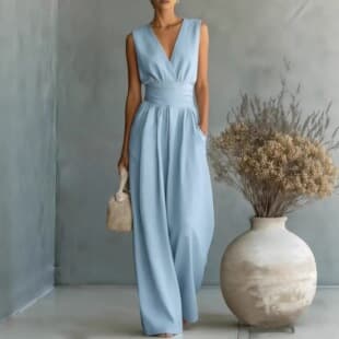 2026 Cross-Border European and American Women's Spring/Summer New Arrival, Amazon Sleeveless V-Neck Waist-Cinching Elegant Jumpsuit for Women