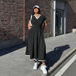 Black V-Neck Short Sleeve Dress for Women, New Summer Collection, Waist-Cinching A-Line Midi Length, Sporty Knit Dress