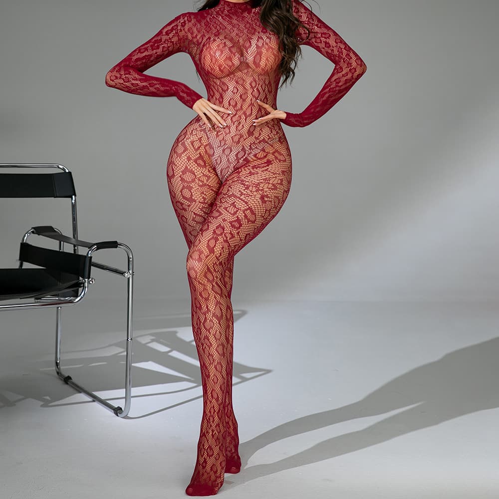 Long Sleeve Transparent Lace Sexy Lingerie Wine Red Mesh Bodysuit Women's Stockings Tight Jumpsuit G135
