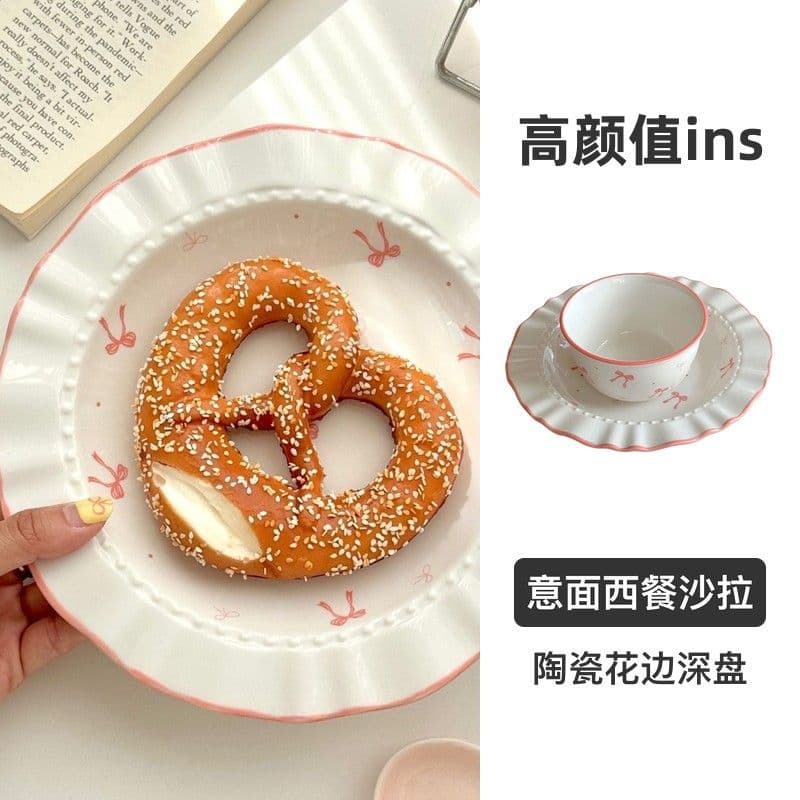 High-Appearance Ceramic Straw Hat Lace Dinnerware Ins Deep Plate Pasta Western Food Salad Plate Dish Home Vegetable Plate