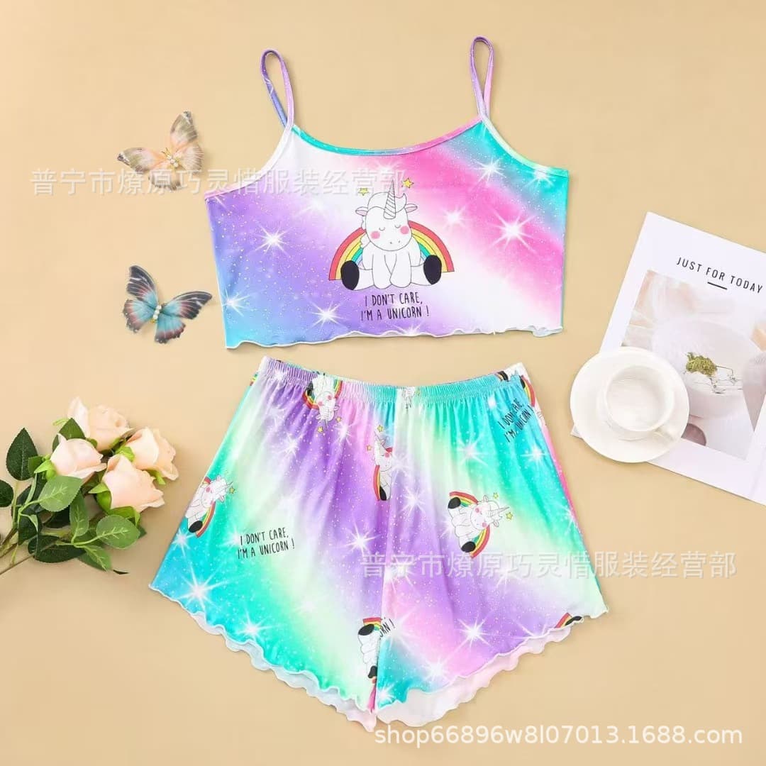 Women's Summer Thin Camisole Sleepwear Set, Sweet and Cute Student Two-Piece Set, Sexy Loose Loungewear