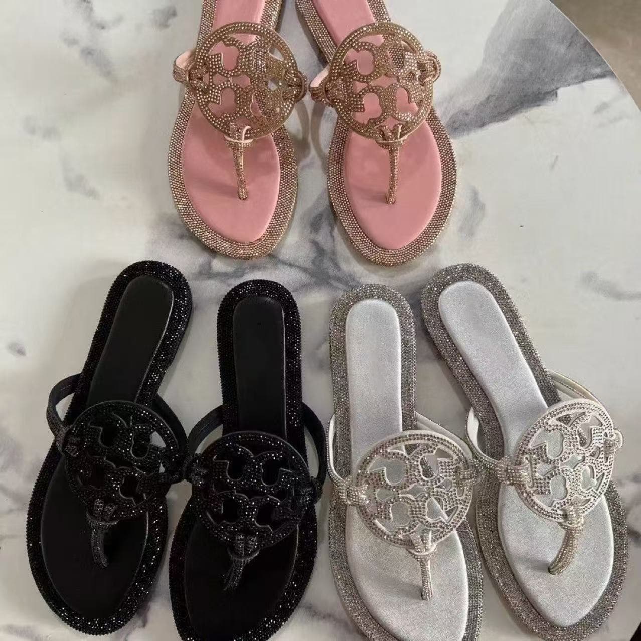 2025 Summer European and American Cross-border TB Slippers Rhinestone Flip Flops Women's Sandals Beach Casual Shoes