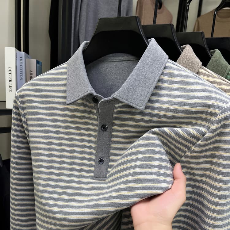 New Spring/Autumn Men's Long-Sleeve T-Shirt, Loose-Fitting Striped Collared Undershirt, Dad Shirt, Men's Clothing