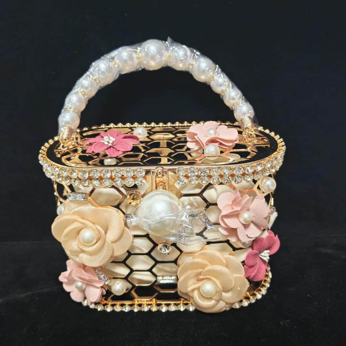 Shenglu Cross-border Amazon Beehive Flower Birdcage Handmade Hollow Pearl Handle Women's Handbag Evening Bag