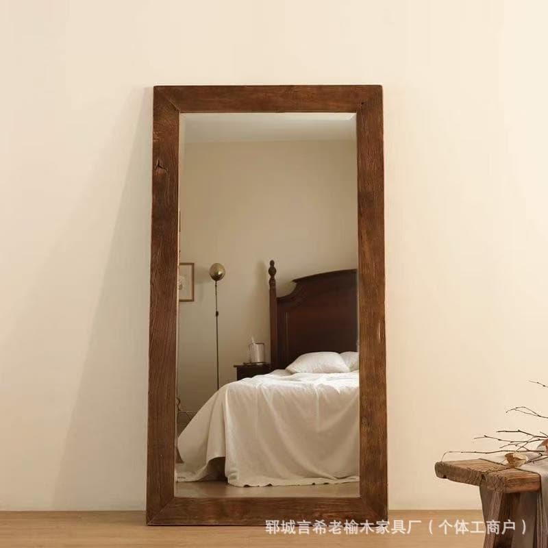 Vintage Wabi-Sabi Solid Wood Full-Length Mirror Frame, Antique Floor-Standing Dressing Mirror Frame for Guesthouses and Hotels, Old Elm Wood