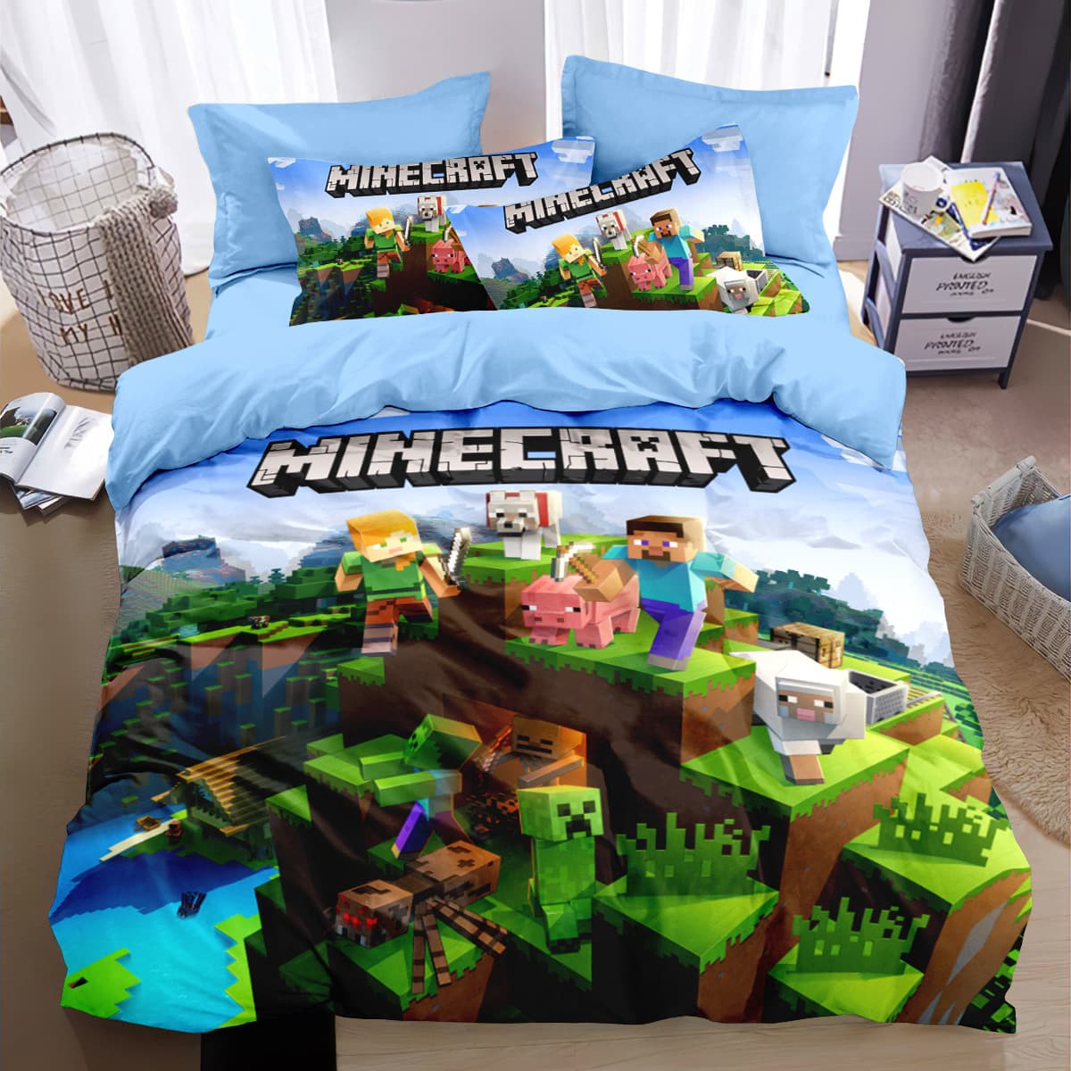 Minecraft Pure Cotton Bedding Set for Boys, Fitted Sheet, Duvet Cover, Pillowcase, Full Cotton Bedding for Students and Kids
