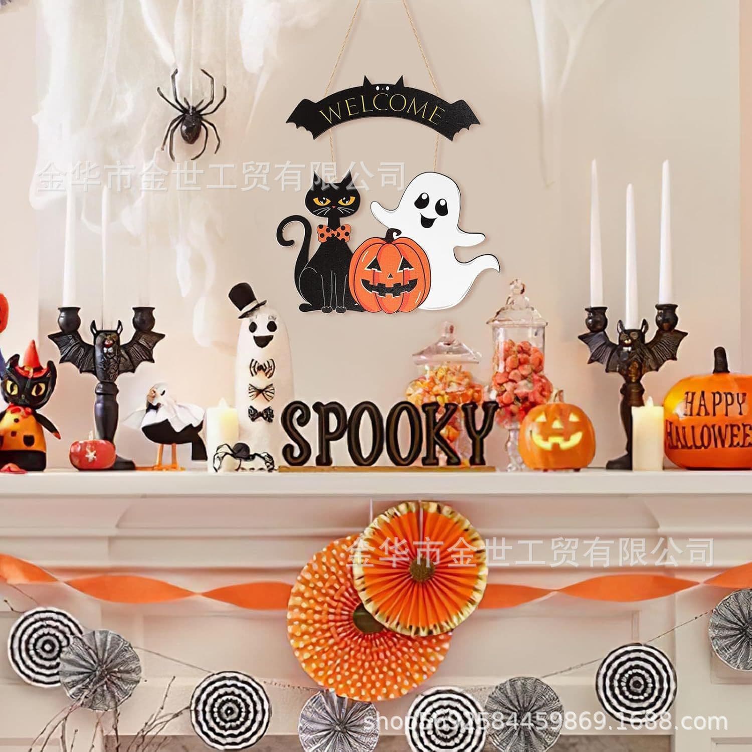 Halloween Ghost Door Sign BOO Decoration, Happy Halloween Wooden Ghost Hanging Door Ornament