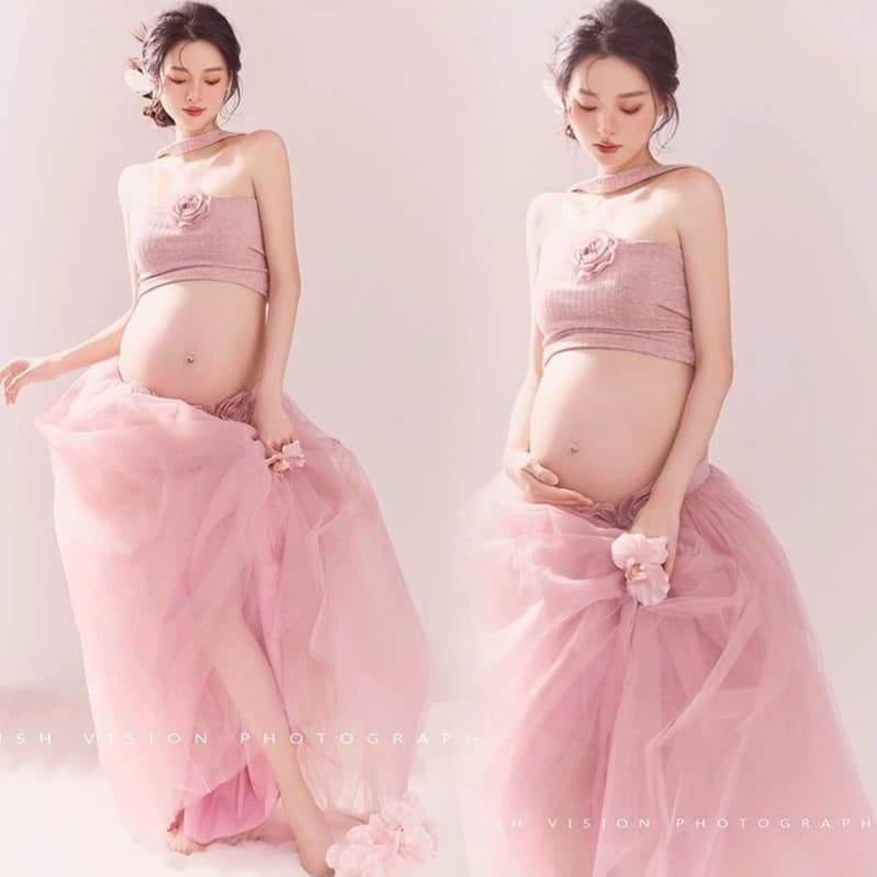 New Style Korean Aesthetic Pink Outfit for Pregnant Women for Photoshoots, Suitable for Pregnant Moms to Take Photos at Home