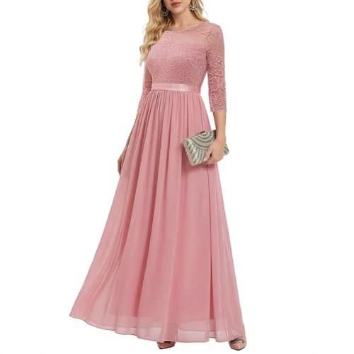 Cross-Border Evening Dress New Lace Top Chiffon Flared Three-Quarter Sleeve Waist-Cinching Toast Dress Chorus Performance Dress