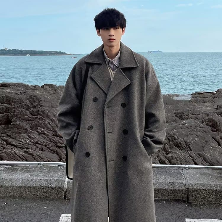 Mid-Length Autumn/Winter Wool Coat Men's Korean Trendy Premium Feel Trench Coat Hong Kong Style Loose Fashion Outerwear