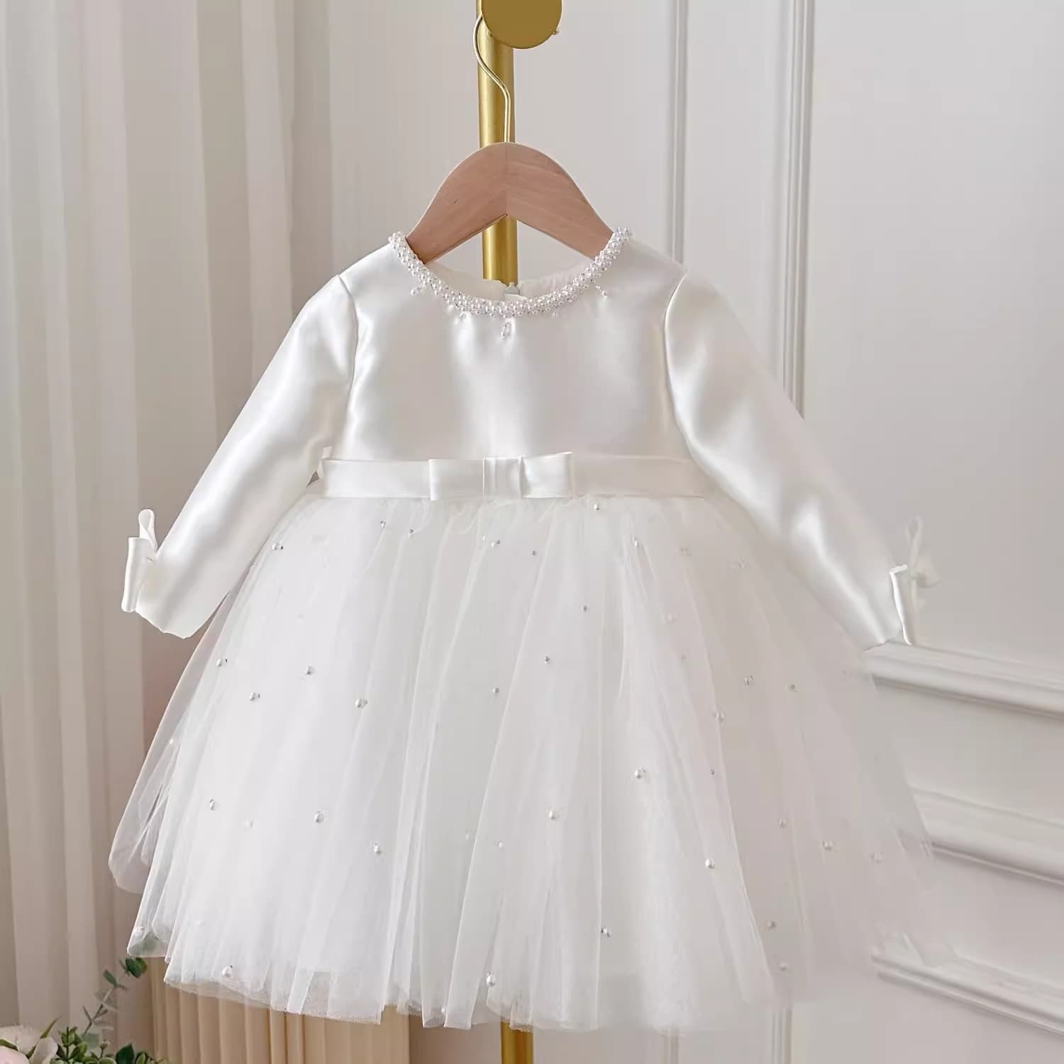 Korean Princess Dress for Spring, Long-Sleeve Birthday Dress for Toddler Girls, Baby Wedding Gown, Flower Girl Tulle Dress