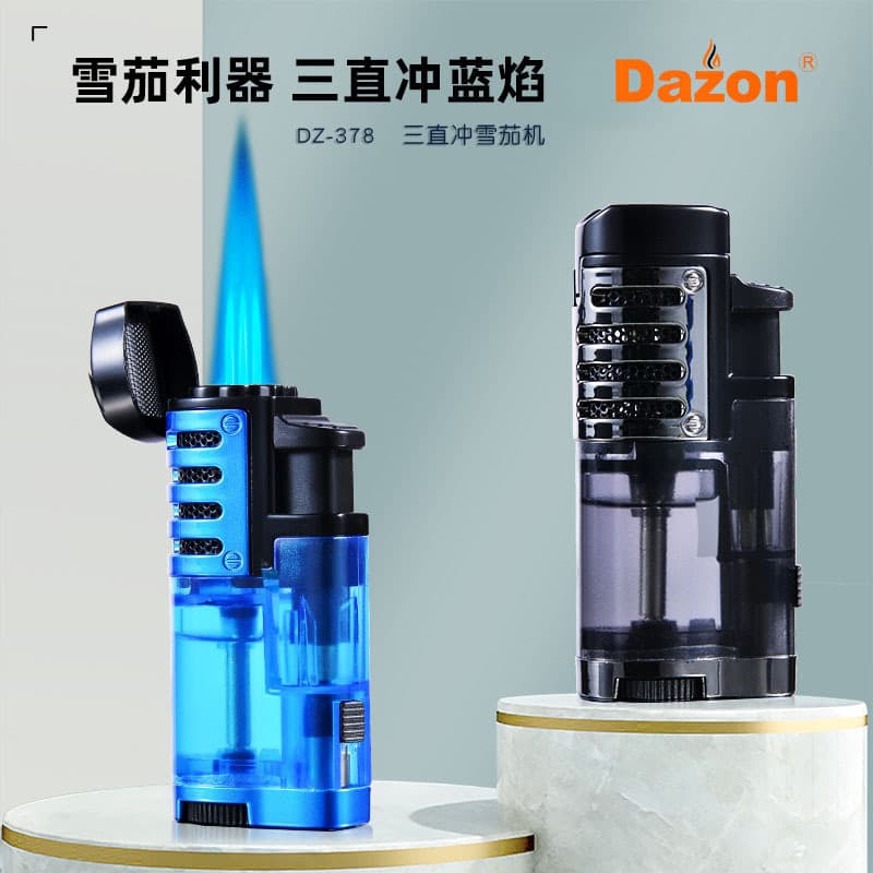 Decorative transparent three-stroke lighter outdoor fire portable portable foreign trade blue flame cigar inflatable lighter wholesale