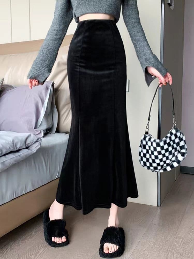 Autumn/Winter Black Bodycon Maternity Skirt High Waist Slimming Velvet Long Dress Figure-Flattering Fishtail A-Line Skirt Free Shipping
