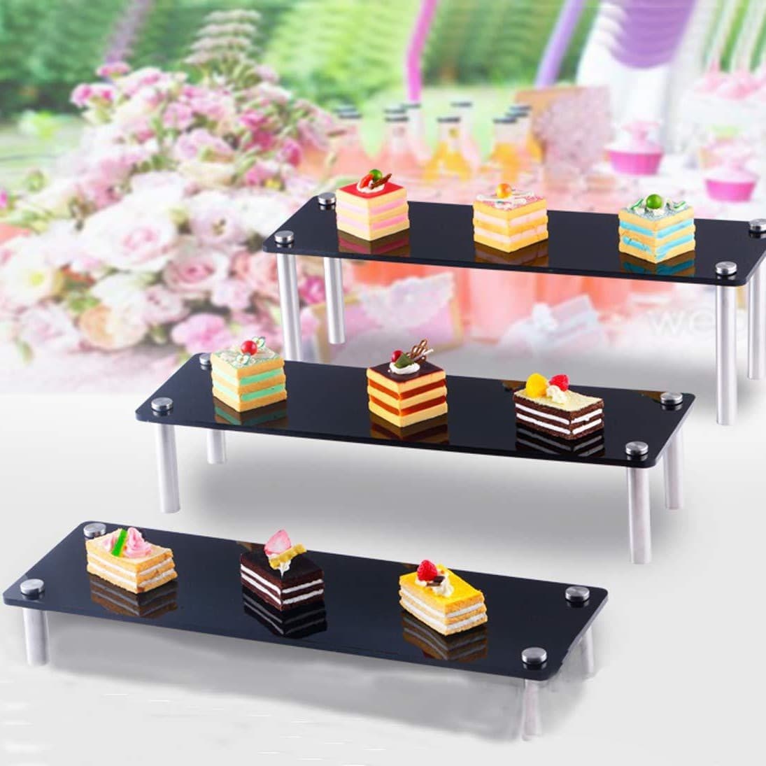 Three-piece set of acrylic display rack, stepped rectangular black acrylic dessert rack, cosmetics display rack