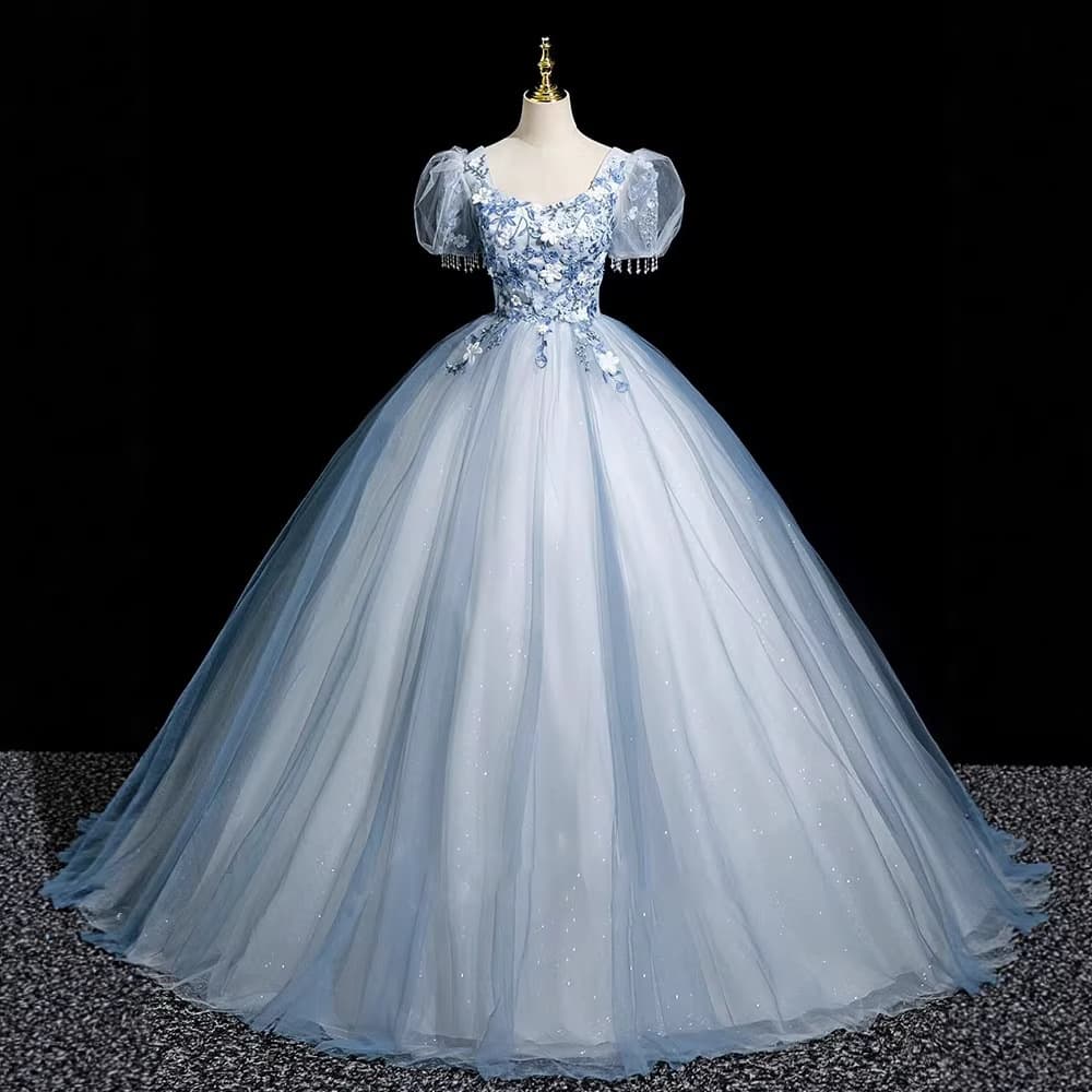 New French blue evening dress for female singers in music and music, western-style performance, tutu skirt, super fairy banquet host dress