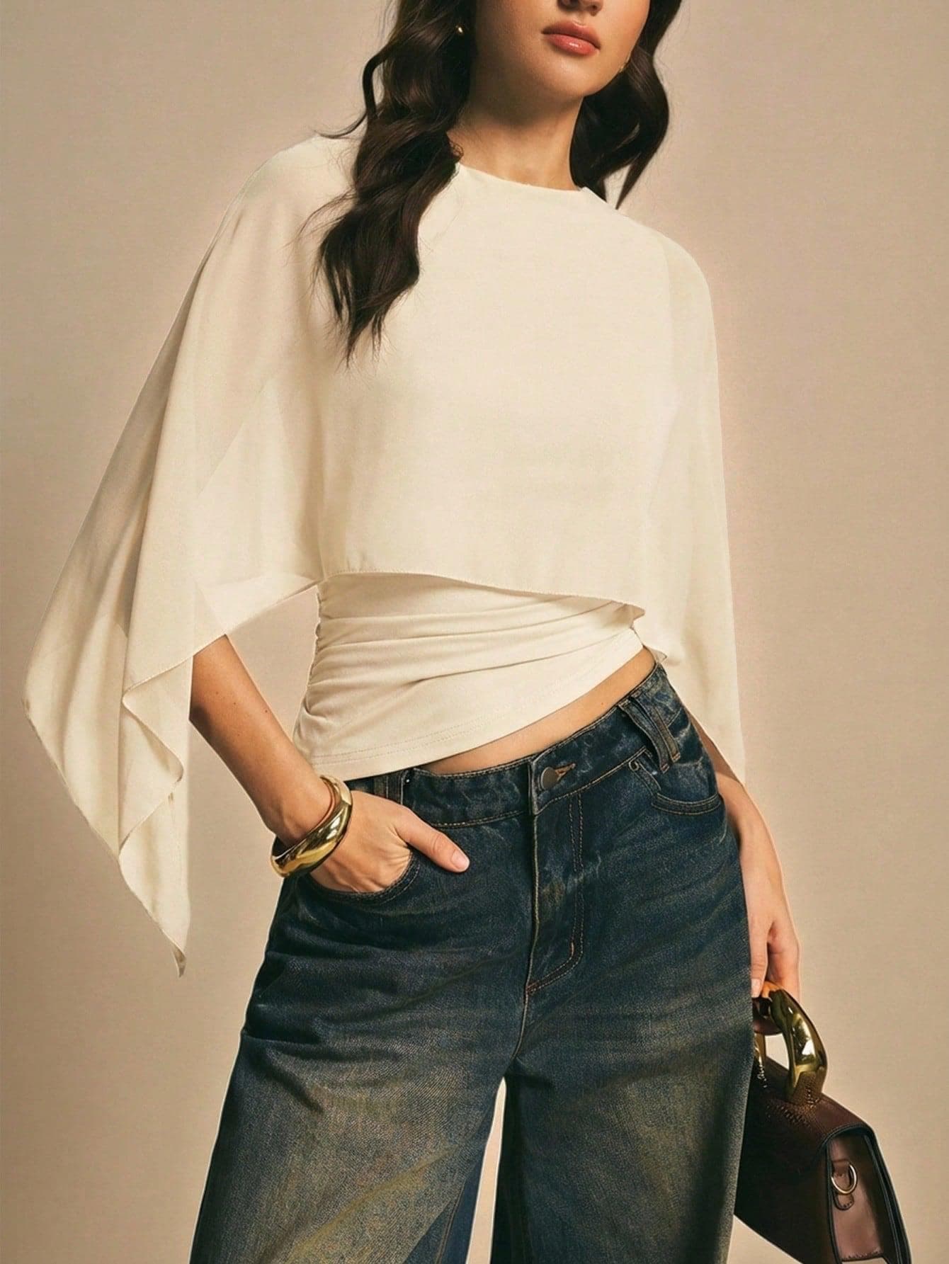 2026 Summer New Cross-Border Women's Cape Sleeve T-Shirt Round Neck Loose Chiffon Blouse Elegant Irregular Top for Women