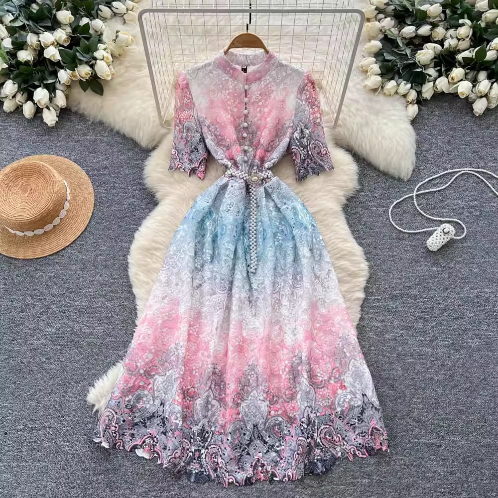 French style dress for women, high-end strapped waist, three-quarter sleeves, hollow crochet lace print, long skirt with hem