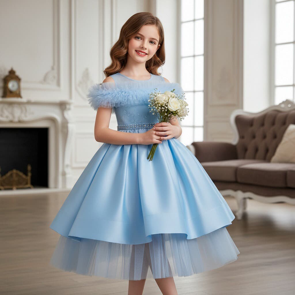 Children's dress, one-shoulder dress, prom tutu skirt, small host performance costume, European and American middle-aged and older children's forged cloth skirt