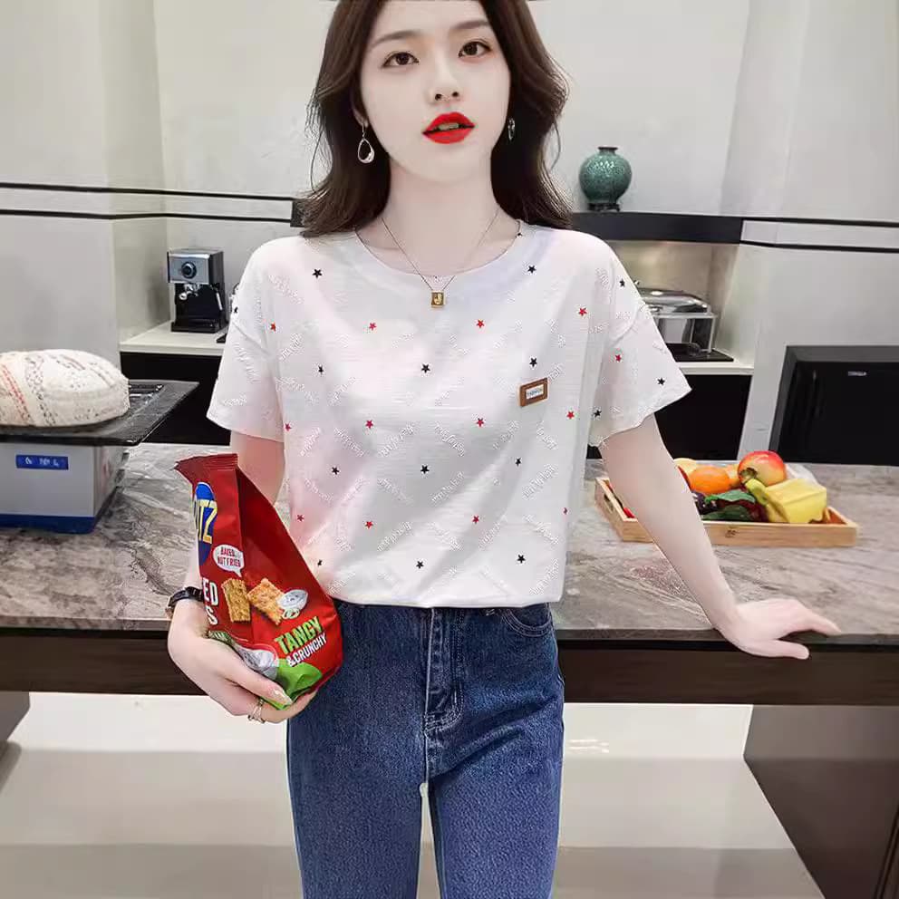 Summer women's right shoulder short-sleeved T-shirt ins trend 2026 new loose red and black star half-sleeved T-shirt top summer wear