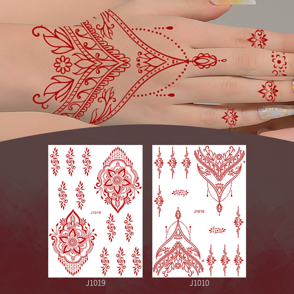 Red Henna Tattoo Stickers Lace Design Hand Back Transfer Printing Decals Office Culture/Tattoo Stickers