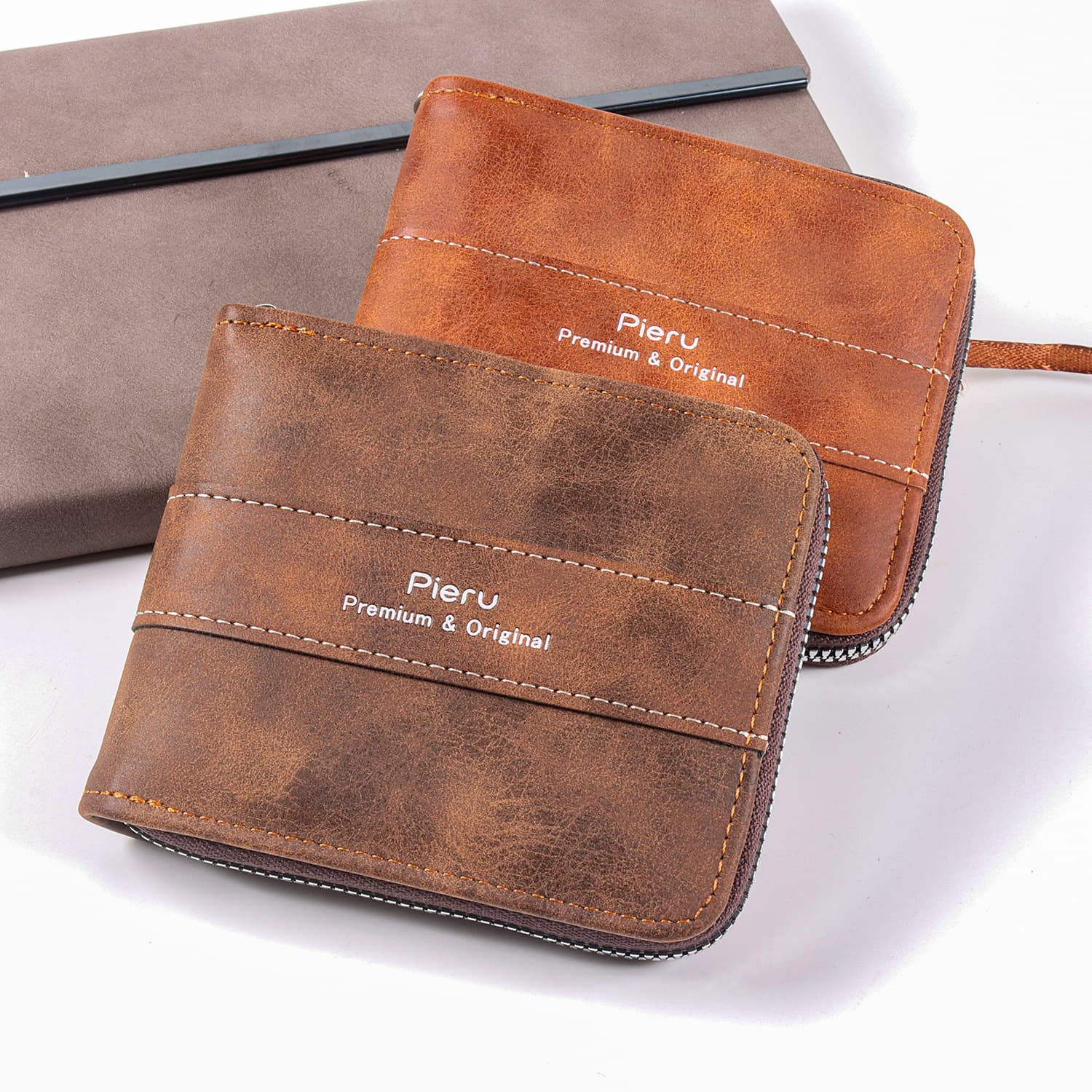 Hot-selling men's short zip-around wallet, PU leather, vintage style, multi-functional horizontal casual billfold, in stock