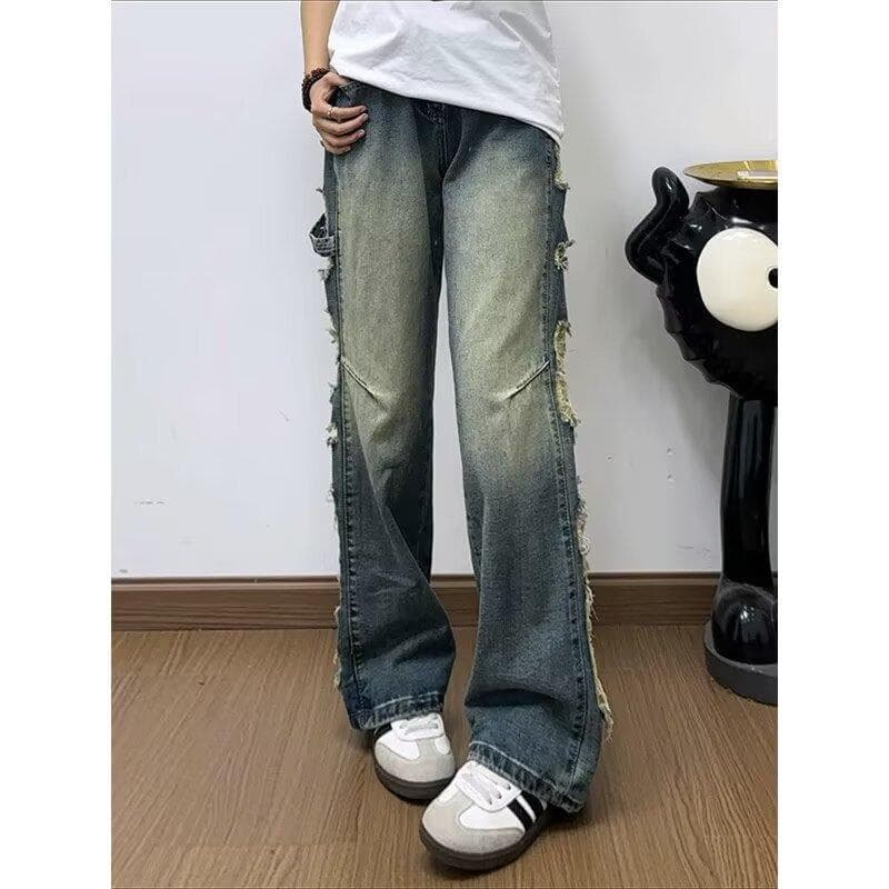 Washed distressed smoke gray jeans men's spring, autumn and summer thin loose straight wide-leg casual pants for boys