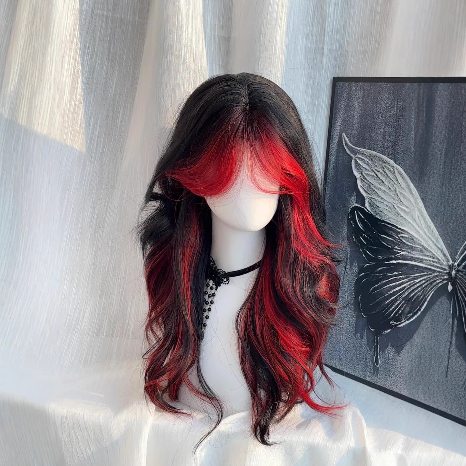 [Black and Red Double Sheng] Medium Bangs, Black and Red Highlights, Gradient Big Wave Wig, Natural Daily Wear Full Headgear