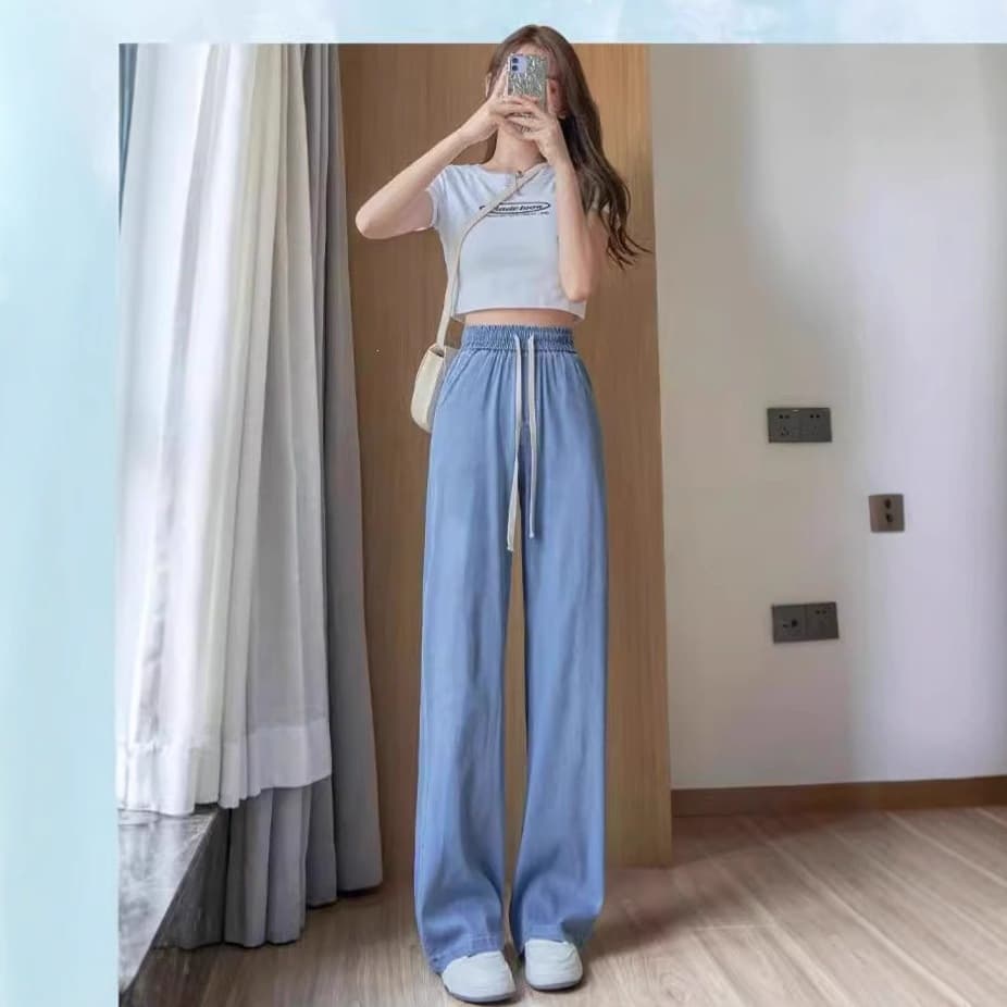 Elastic waist tencel soft jeans for women summer thin 2024 new loose slim fit ice silk straight pants for small people