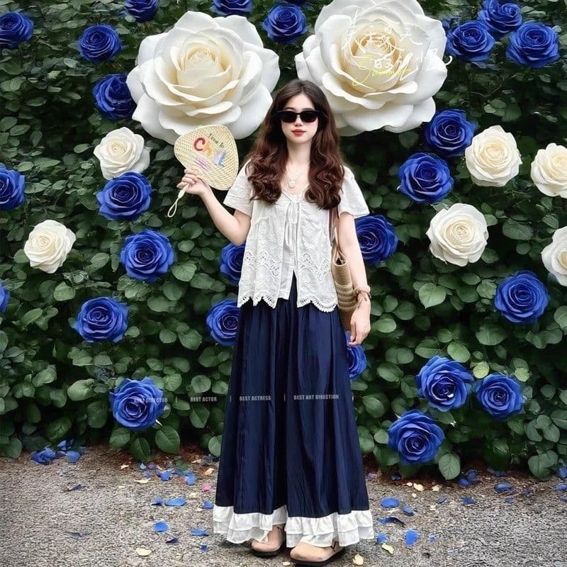 Plus Size Flattering Tummy-Hiding Age-Defying Set Summer Lace Short Sleeve Top Wide Leg Pants Two-Piece Women's Wear