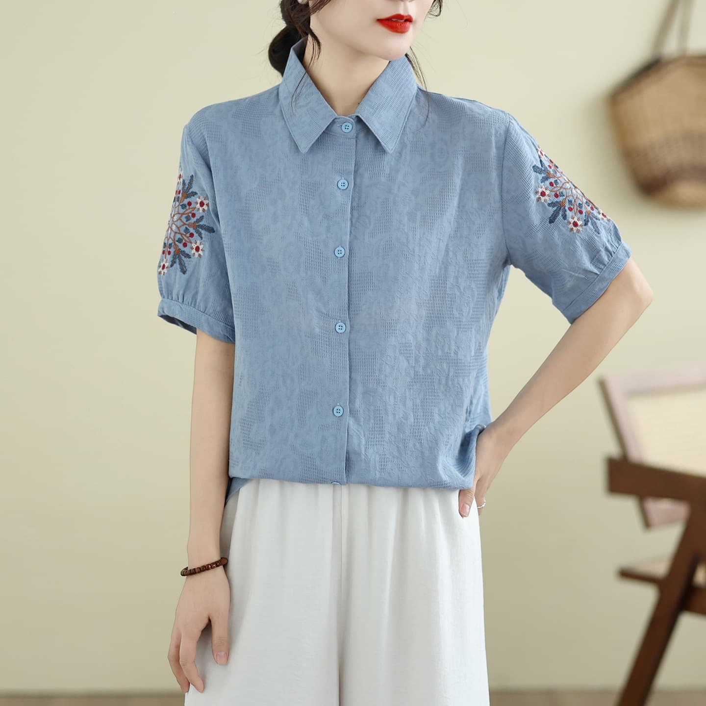 Pure Cotton Jacquard Ethnic Style Retro New Women's Cotton Linen Mother's Summer Embroidered Stylish Short-Sleeve Top for Middle-Aged and Elderly