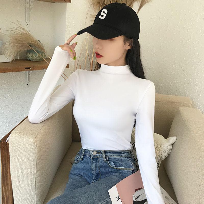 New Fall/Winter Slim Half-Turtleneck Base Layer Women's Long-Sleeve T-Shirt Student Mid-Collar Fitted Inner Top