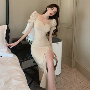 Clearance French Midi Long Dress for Women Summer Puff Sleeve Elegant Slimming High Slit Sexy Dress
