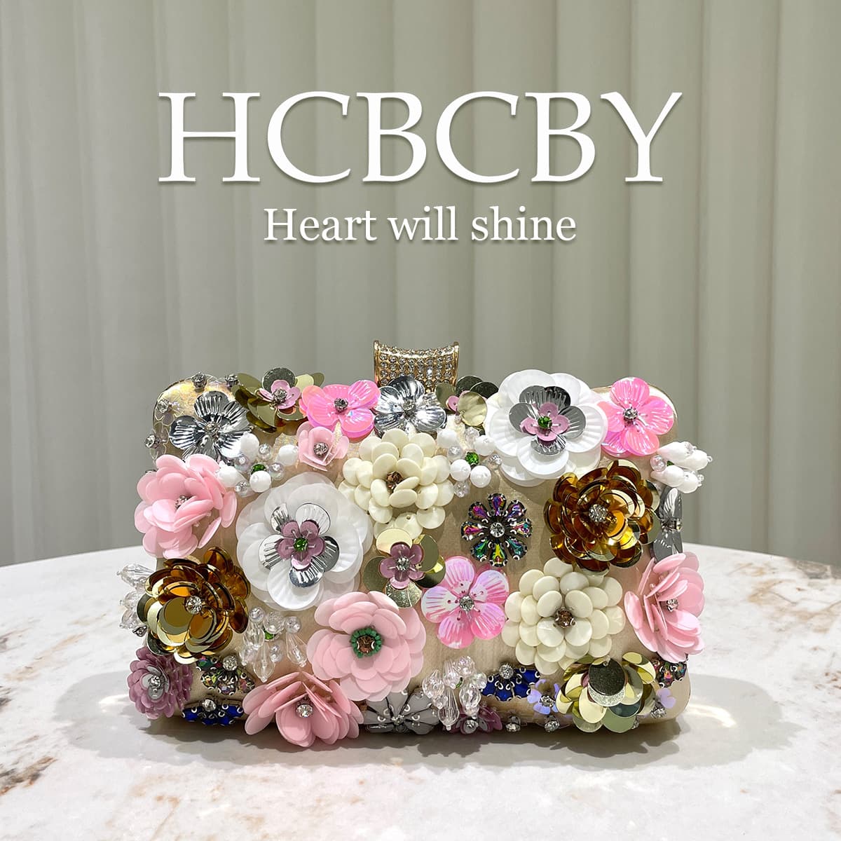 Golden Elegant Flower Decorated Evening Bag Small Clutch Bag Women's Fashionable Elegant Evening Bag Dress Clutch Bag