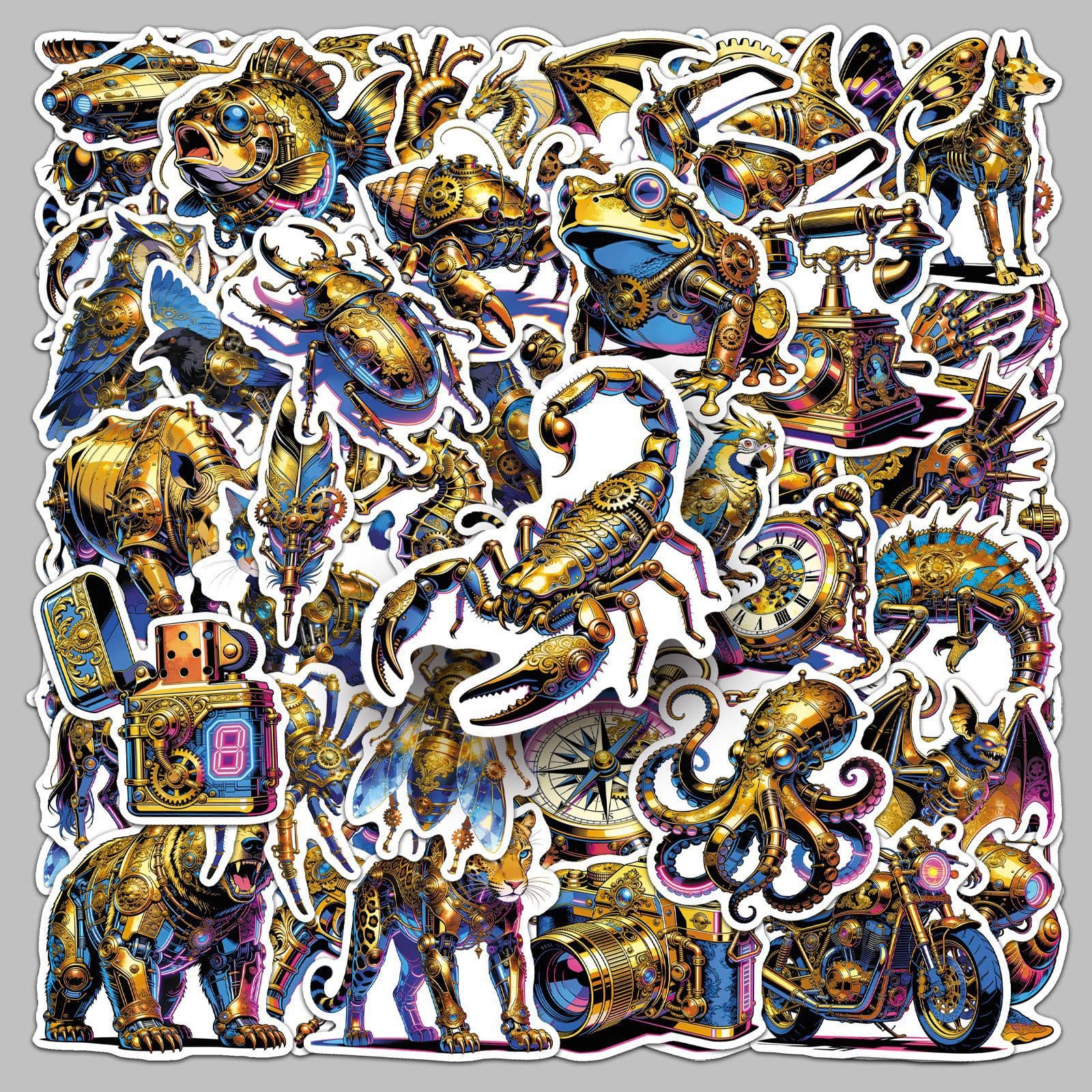 50 Steampunk Stickers Metal Animal Creative Cool Trendy Decoration Helmet Phone Car Speaker Stickers