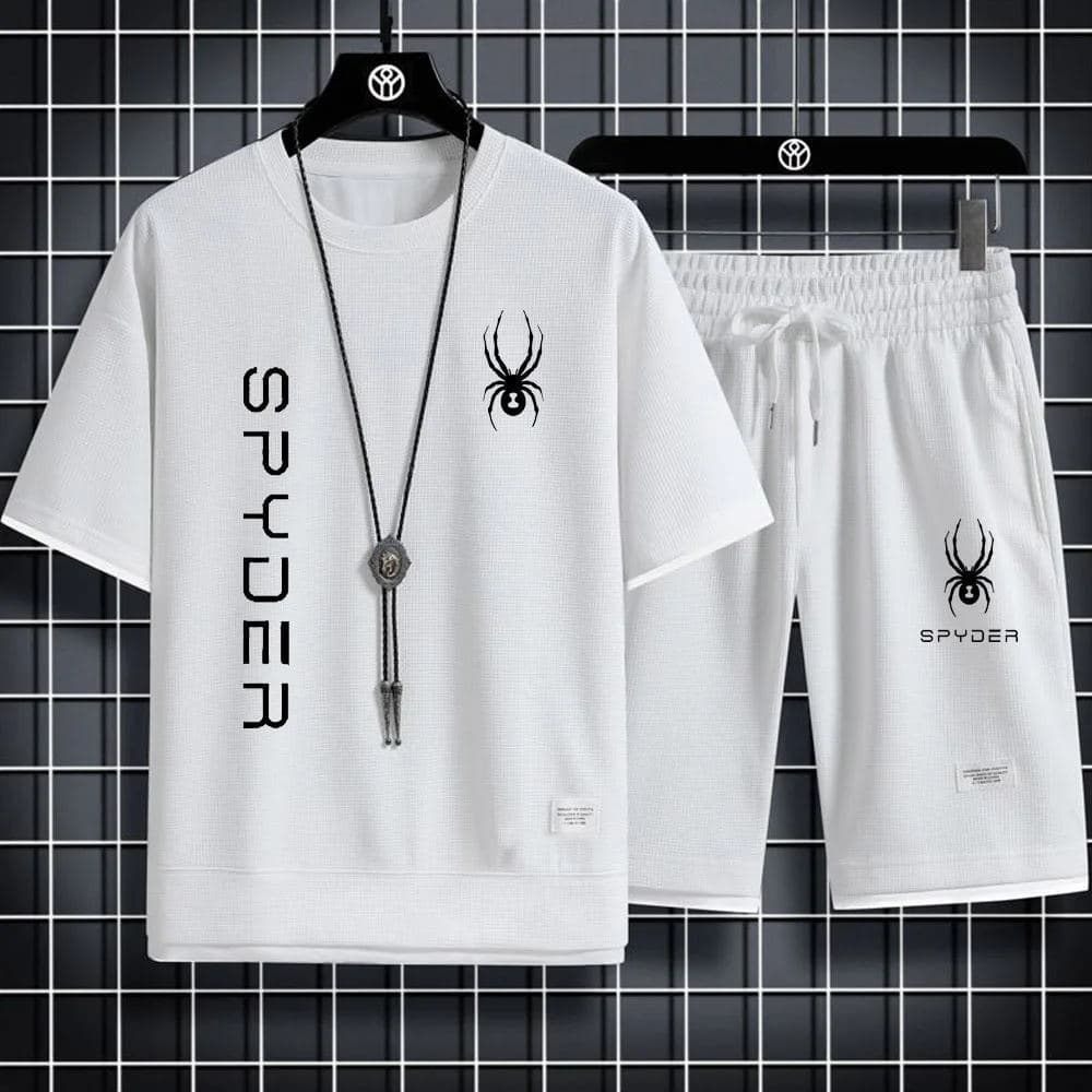 Cross-border 2025 Waffle Grid Round Neck T-Shirt Sports Set Summer Korean Fashion Trendy Printed Casual Set for Men