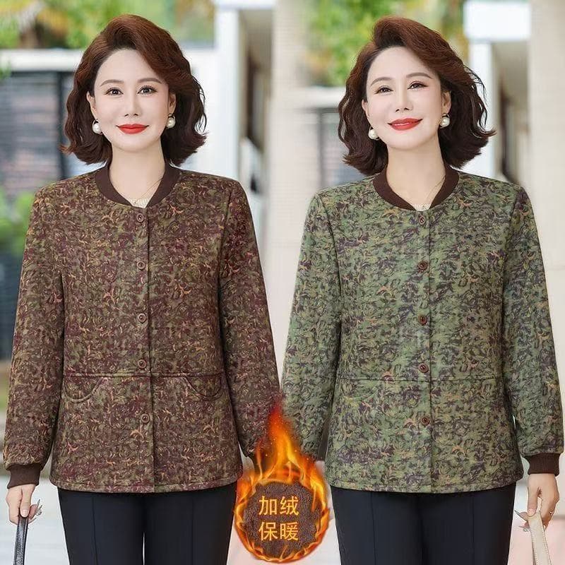 Mother's wear printed loose large size coat for women plus velvet warm casual jacket middle-aged and elderly women's versatile winter tops