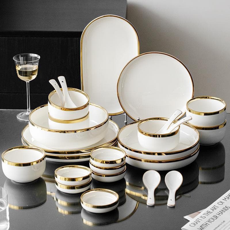 Nordic light luxury dinner plate ceramic set gold edge bowl plate platinum household bowl tableware plate gift box