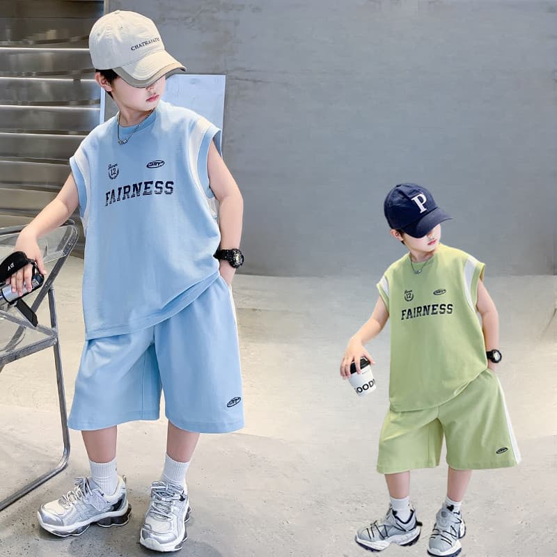 Summer Boys' Sleeveless Vest and Shorts Set, Kids' New Loose T-Shirt and Shorts Two-Piece Casual Wear