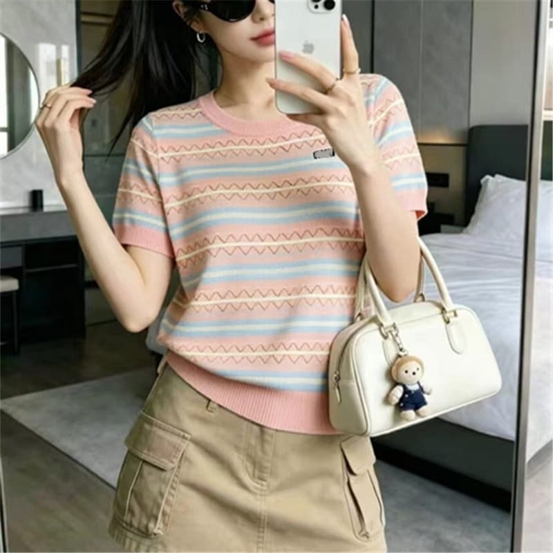 High Quality MM Family 2026 Summer New Thin Contrast Stripe Short Sleeve Pullover Tencel Knit T-Shirt