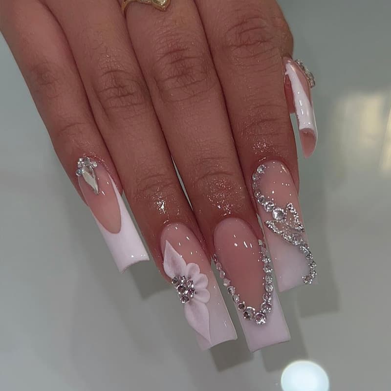 Wearable Nails Export Style European Square French White Edge Flower Rhinestone Chain Fake Nails Finished Manicure Pure Handmade Medium-Long Length