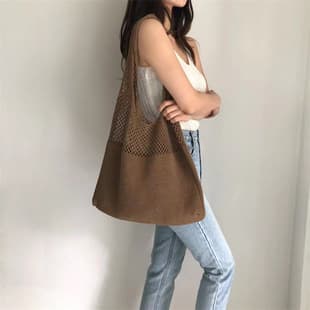 New Korean Ins Knitted Solid Color Single Shoulder Bag Hollow Handbag Large Capacity Tote Bag Women's Crossbody Bag
