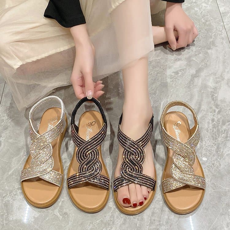 plus size Rhinestone Sandals Women's 2024 Summer New Fairy Style Wedge Open Toe Fashionable Roman Sandals