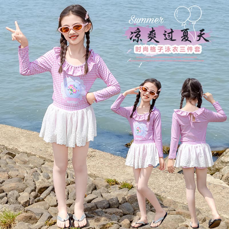 Girls' Swimsuit 2025 New Style, High-Aesthetic Long-Sleeve Sun-Protection Two-Piece Swimsuit Set for Children Summer