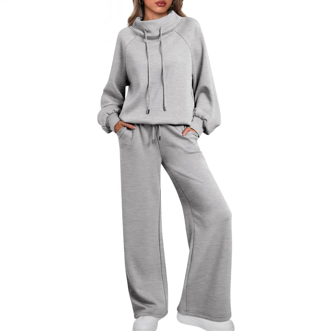 European and American 2024 Spring/Autumn New Women's Two-Piece Set High Neck Long Sleeve Wide Leg High Waist Pants Casual Sweatshirt Suit