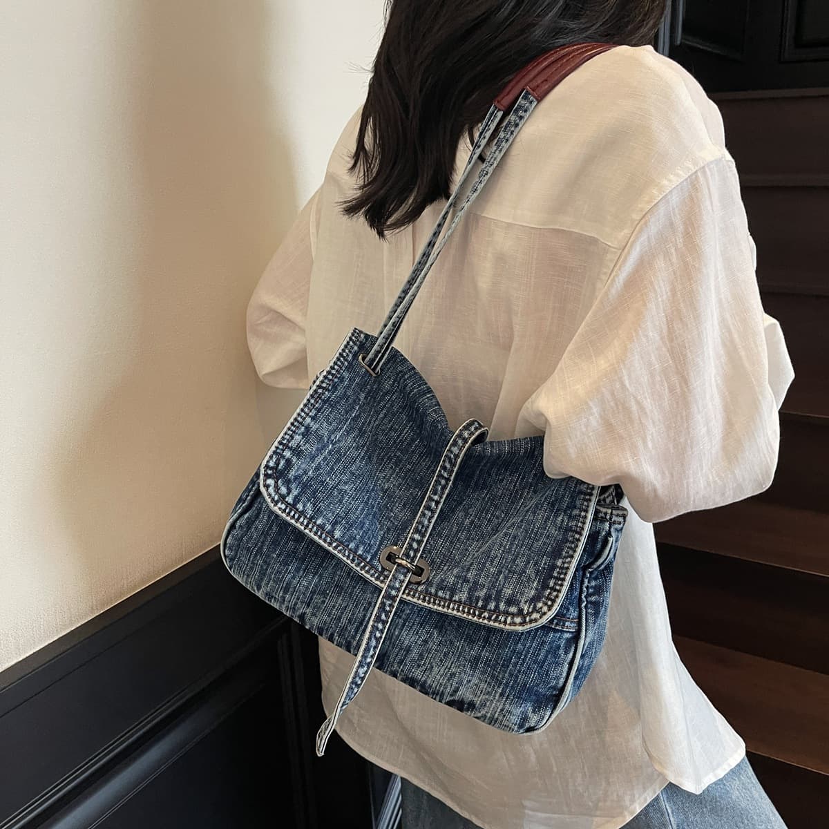 American Retro Denim Bag Classic Denim Fabric with Metal Lock Clutch Underarm Style Effortless Vibe New Arrival