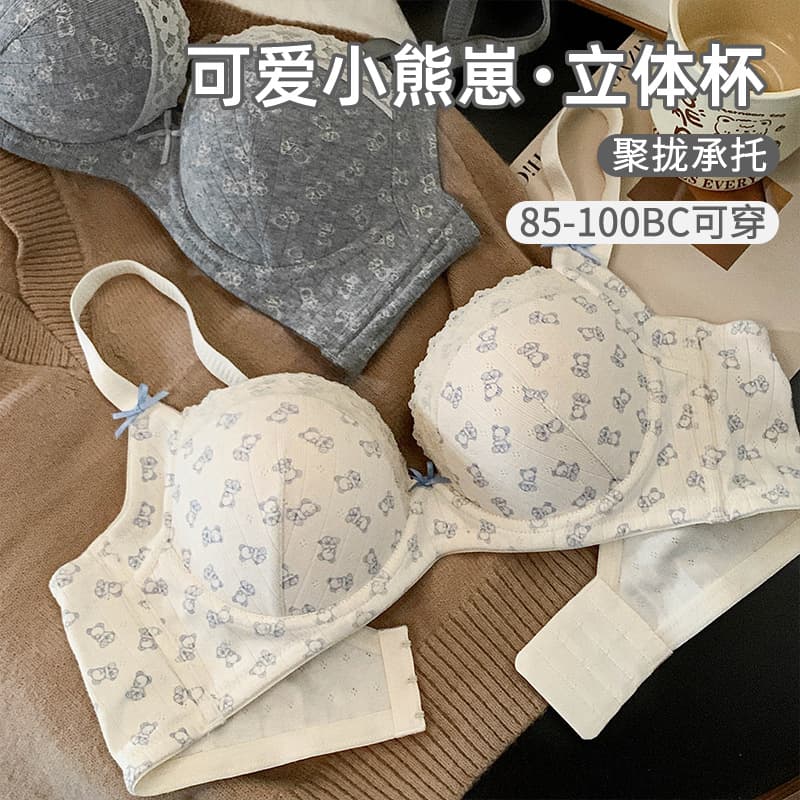 Source factory big BM style printed bear underwear for fat women with big breasts push-up underwire anti-sag bra